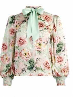 NWOT Alice + Olivia Pistachio Floral Bow-Neck Blouse